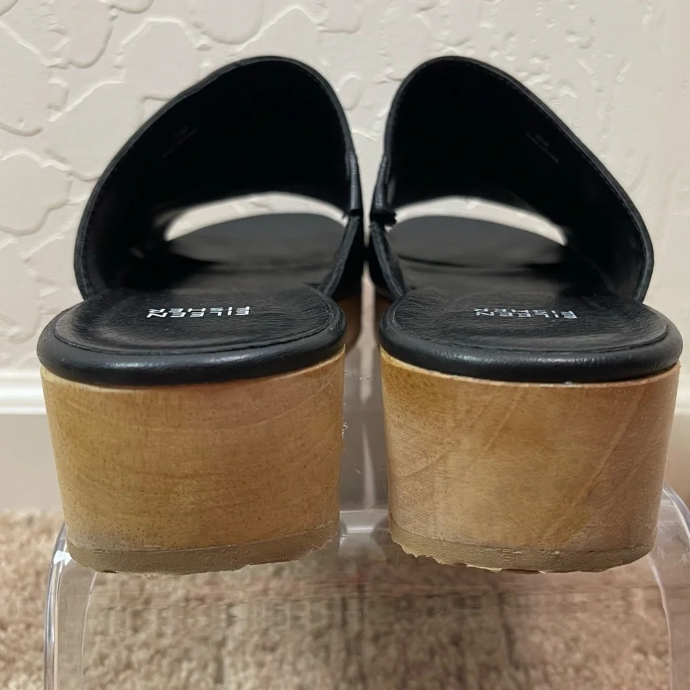 Eileen Fisher Size 11 Novel Black Leather Platform Wooden Clog Slide Sandals - Picture 5 of 16